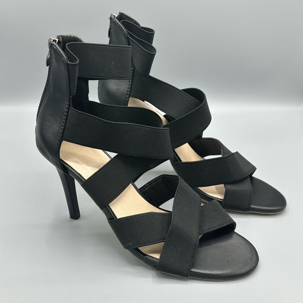 Shein Stilettos Heel Sandals Open Toe Knitted Fabric Shoes Black 7